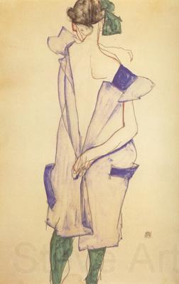 Egon Schiele Standing Girl in Blue Dress and Green Stockings.Back Viwe (mk12) Norge oil painting art